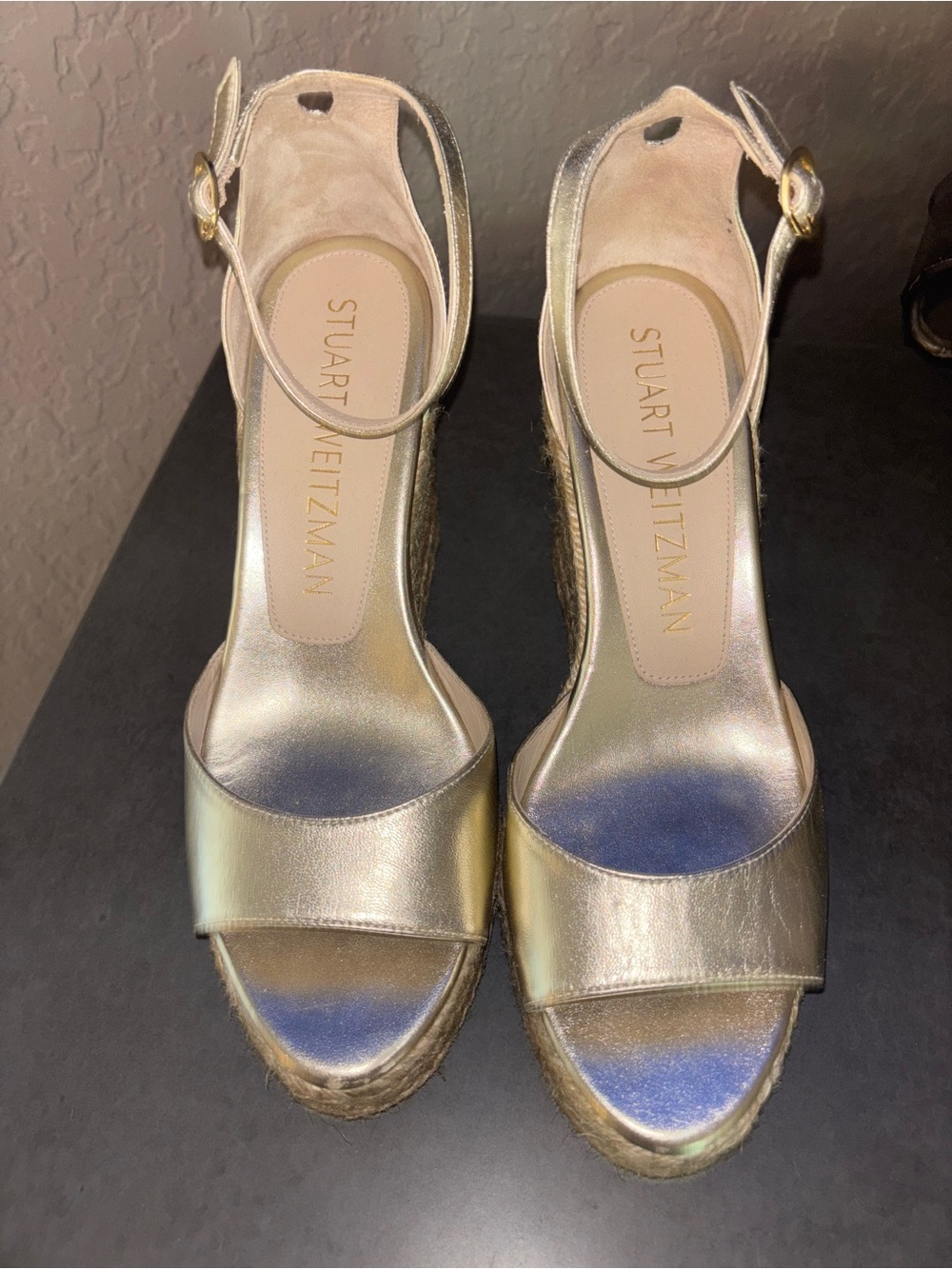 Stuart Weitzman Gold Metallic Espadrille Wedge Sandals